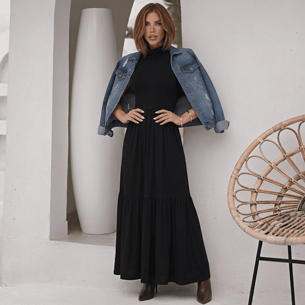 Vestido Longo Feminino Casual Elegante de Malha Sem Manga Regata Cavada Verão Outono Inverno - 442