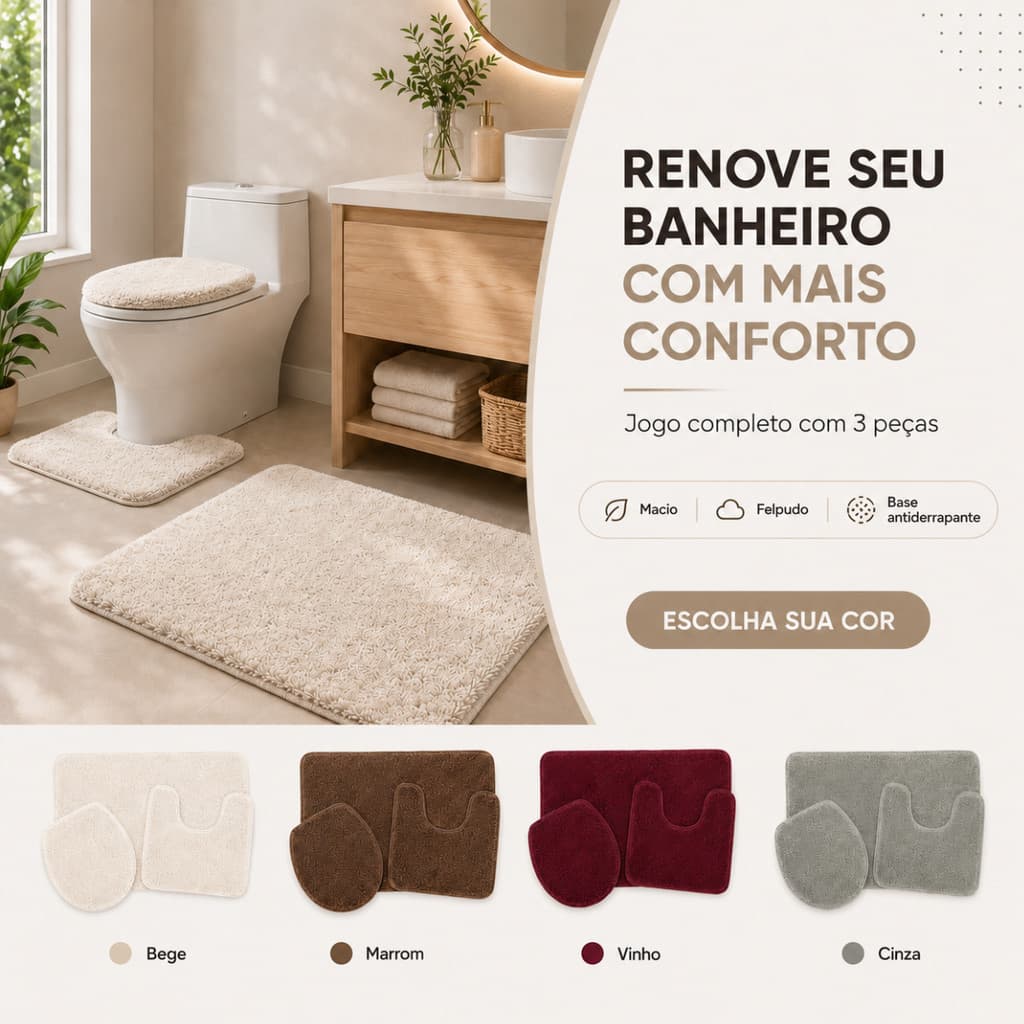Kit De Tapetes Para Banheiro 3 Peças Felpudos Antiaderente