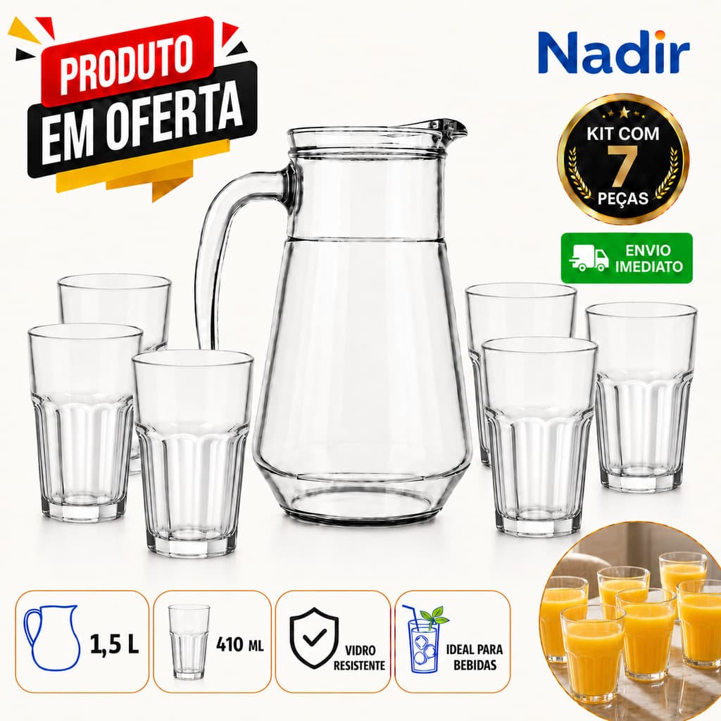 Kit 1 Jarra de Suco Sempre Bar + 6 Copos Bristol 410ml