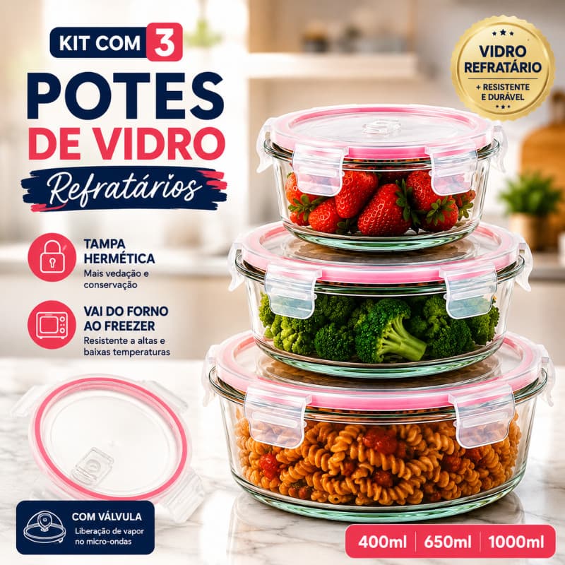 Kit 3 Potes de Vidro Refratário com Tampa Hermética 400ml 650ml 1000ml Micro-ondas Forno Freezer |FEN8504| Promoção