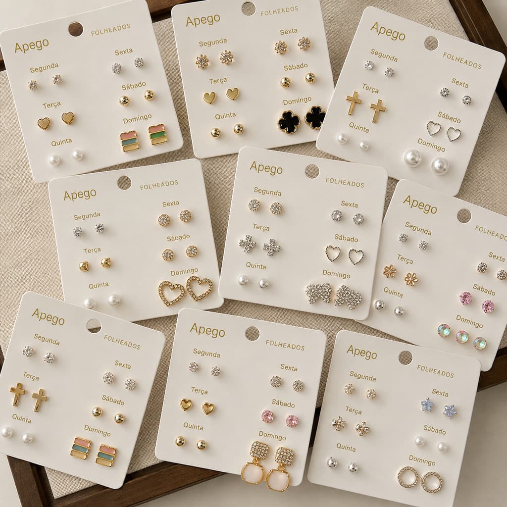 Kit 7 Pares de Brincos Femininos Aço Inoxidável 316L Dourados Zircônia Hipoalergênicos Delicados Segunda a Domingo