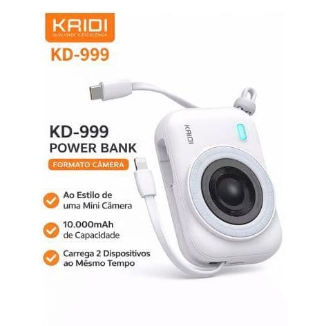 Power Bank Turbo Kaidi KD-999 10000mAh com 2 Cabos Embutidos e Carregamento por Indução, Carga Rápida