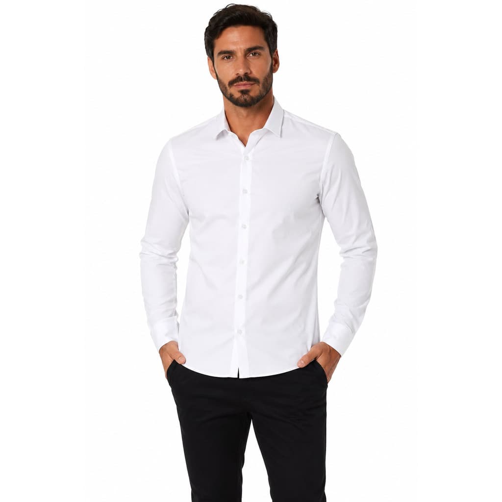 Camisa Social Masculina com Botão Manga Longa Slim Fit Tecido Leve Elastano Tecnológica Anti Suor