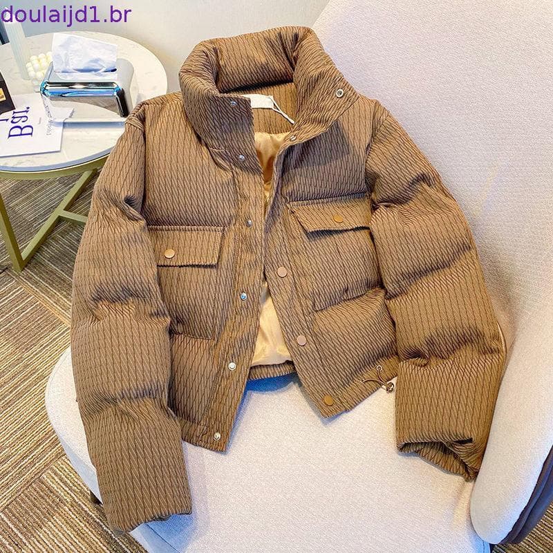 Jaqueta Feminina CHW 2024 Inverno Quente Cáqui Simples Listrada Top Curto