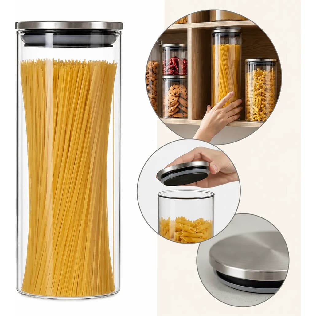 Pote De Vidro Com Tampa Em Inox 1800ml Espaguete Macarrão