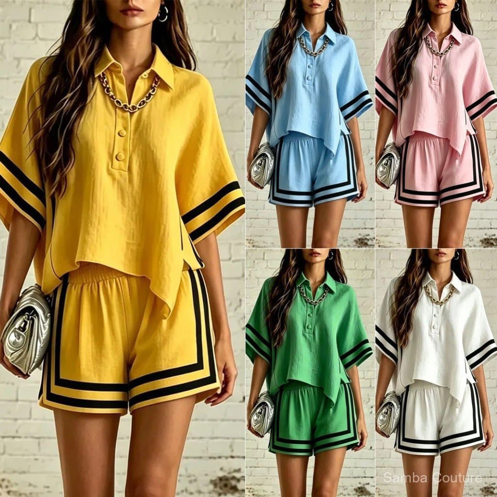 Novo conjunto de duas peças para mulheres plus size: camisa de manga curta e shorts soltinhos.
