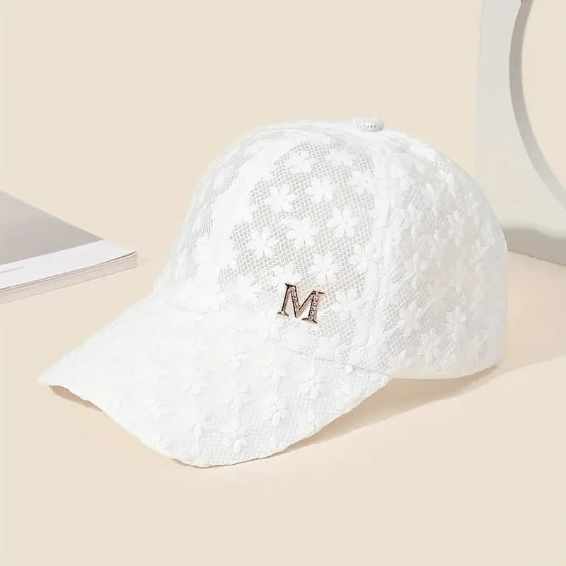 Boné Feminino Coreano com Apliques de Diamante, Renda Floral e Strass, Boné M com Proteção Solar, Boné de Malha, Boné YJ