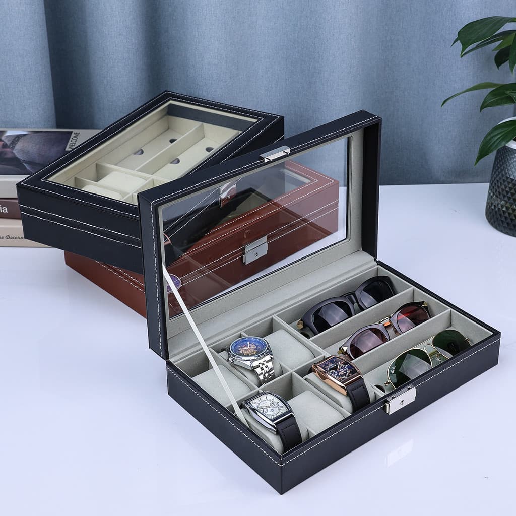 Relógio de couro PU de 6 bits + caixa de armazenamento de óculos de 3 bits Caixa de relógio de 6 bits Caixa de exibição