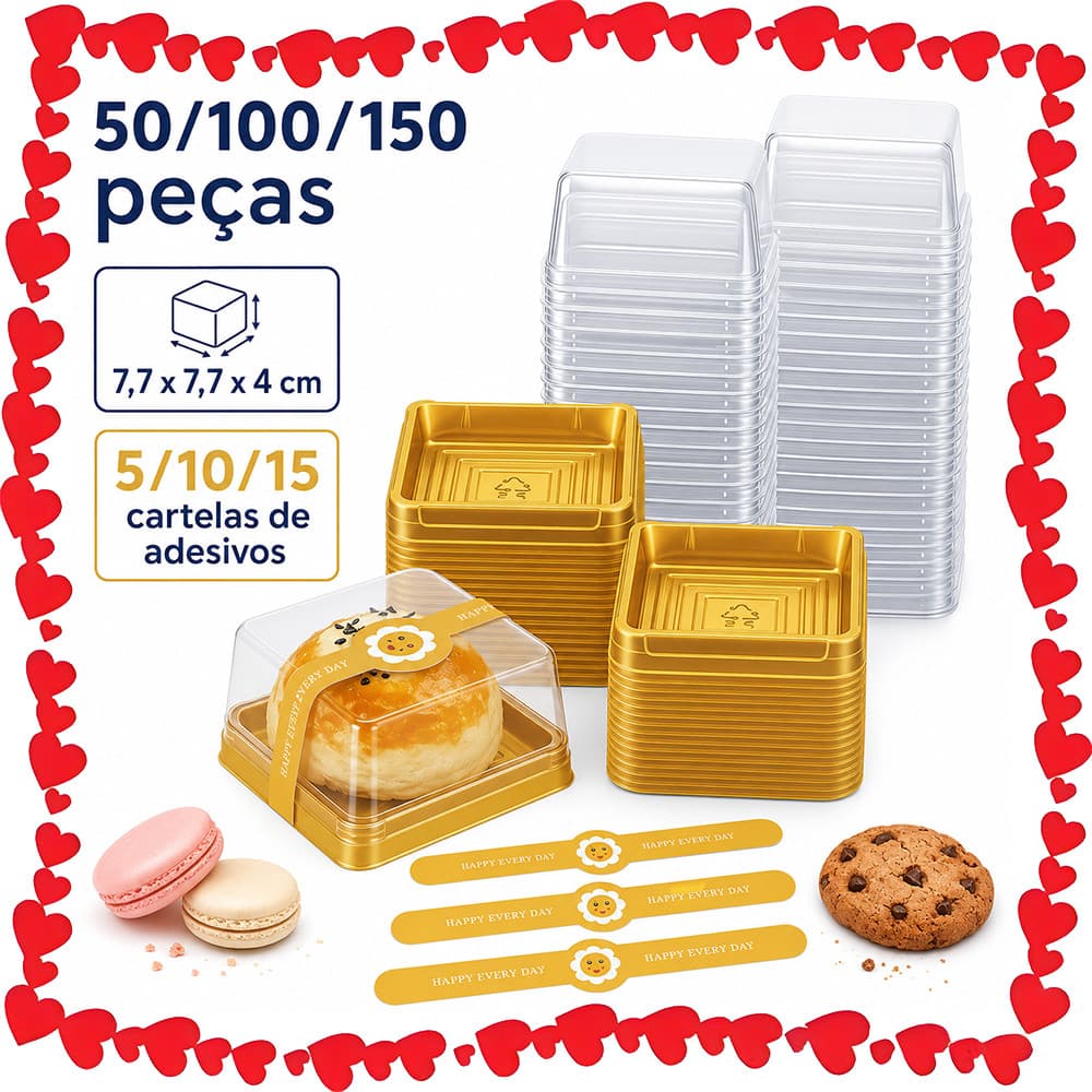 7.7 x 7.7 x 4 cm, Caixinha para Bolo Lunar, Muffin e Biscoito 50/100/150 Peças com Tampa Transparente