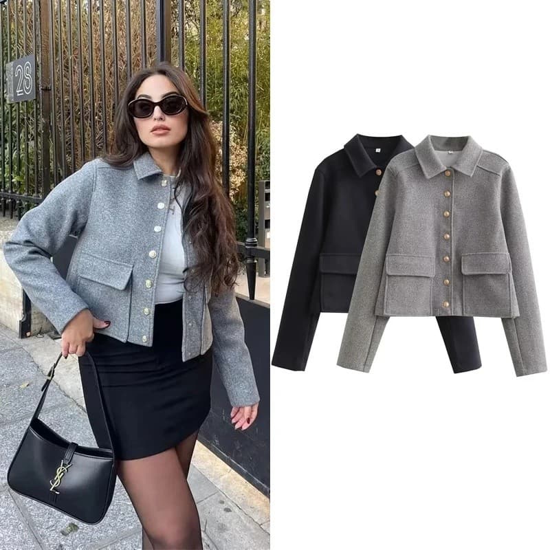 Jaqueta Aviador Feminina HXAO, Casacos de Lã e Misturas, Jaqueta Bomber Curta, Jaqueta Curta de Meia-Estação para Outono