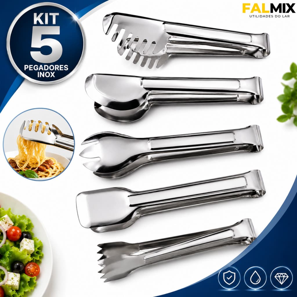 Kit Pegadores Inox Cozinha 2 3 4 5 Peças – Massa Universal Salada Carne Frios 18/20cm