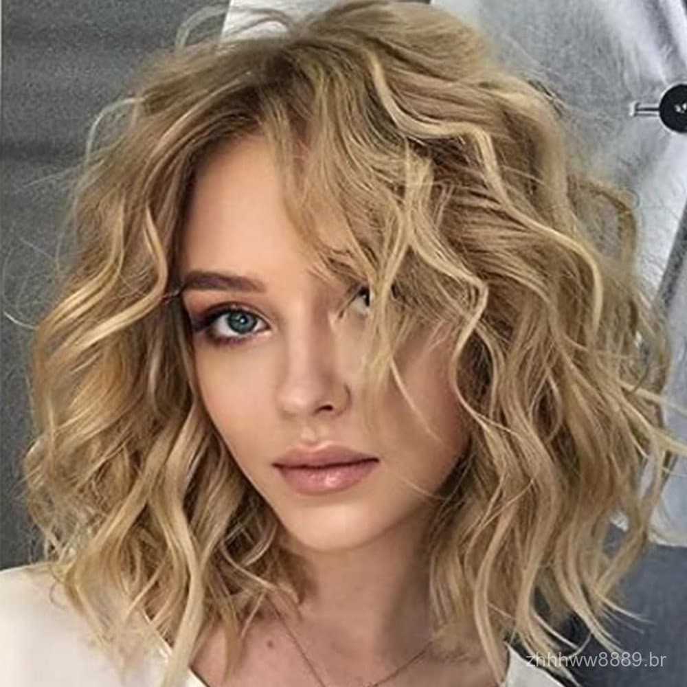 Peruca de comércio exterior: Cabelo curto cacheado feminino europeu e americano, peruca moderna com tingimento em degrad