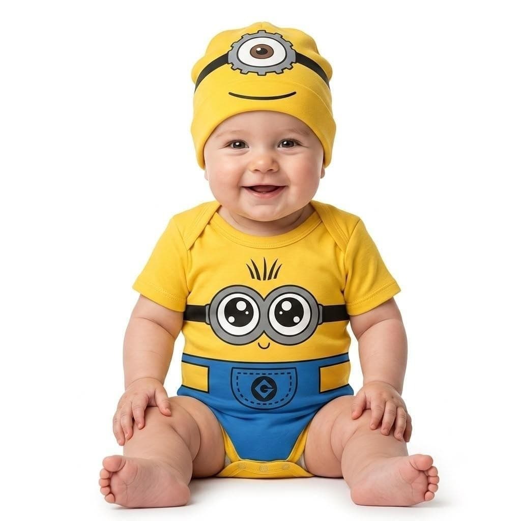 Body Bebê Minions Temático Fantasia Mesversário Com Touca
