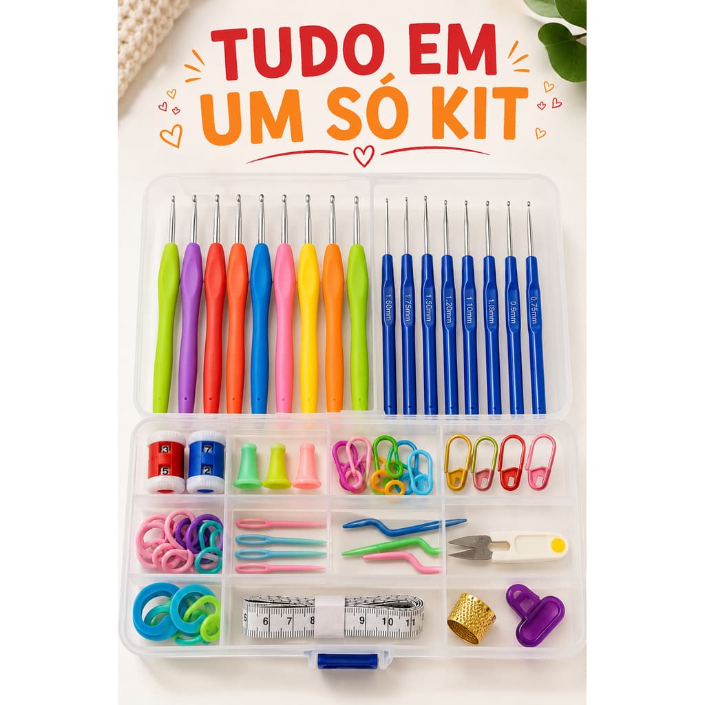 Kit Crochê Amigurumi 53 Peças 16 Agulhas Cabo Soft Tesoura Marcadores e Estojo para Iniciante