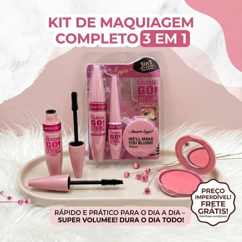 Kit Maquiagem 3 em 1 Colossal - Rímel Volume Extremo Delineador Blush Amor Anjo