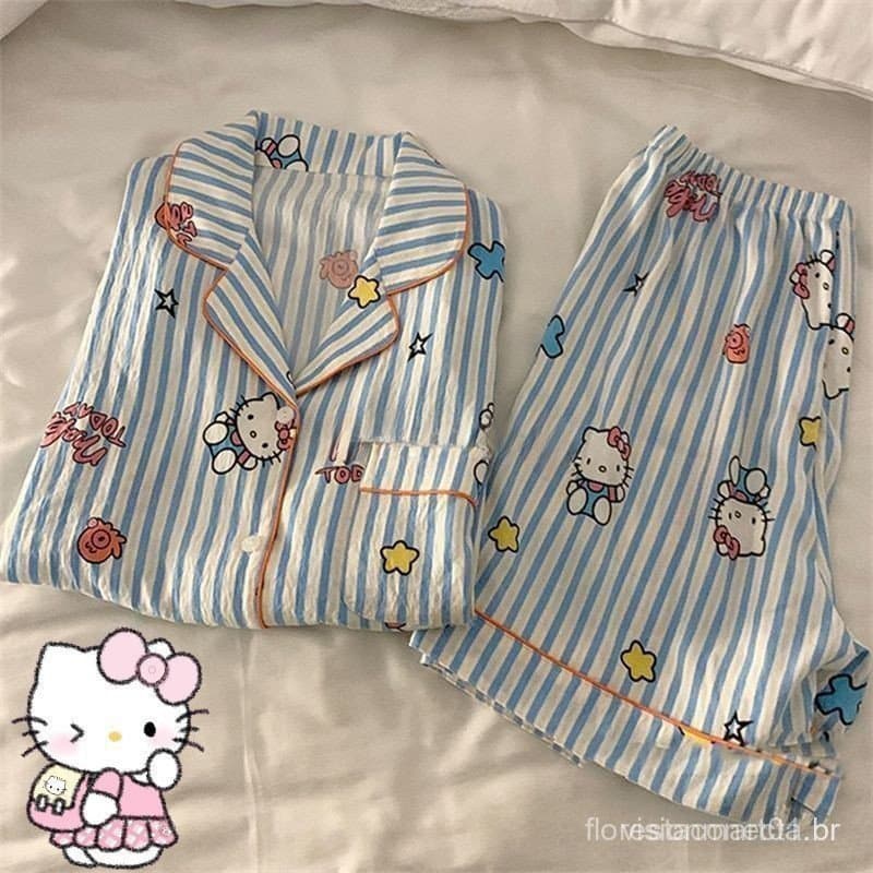 Sanrio Cute HelloKitty Pijamas Feminino De Verão Manga Curta Listrada Conjunto De Calções Japoneses