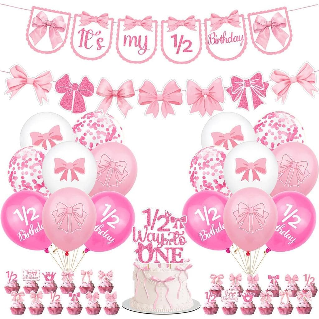 Decorações para 1/2 Aniversário de Menina, Faixa Rosa Xadrez, Laço, Balões, Topo de Bolo para Celebração de 6 Meses de M
