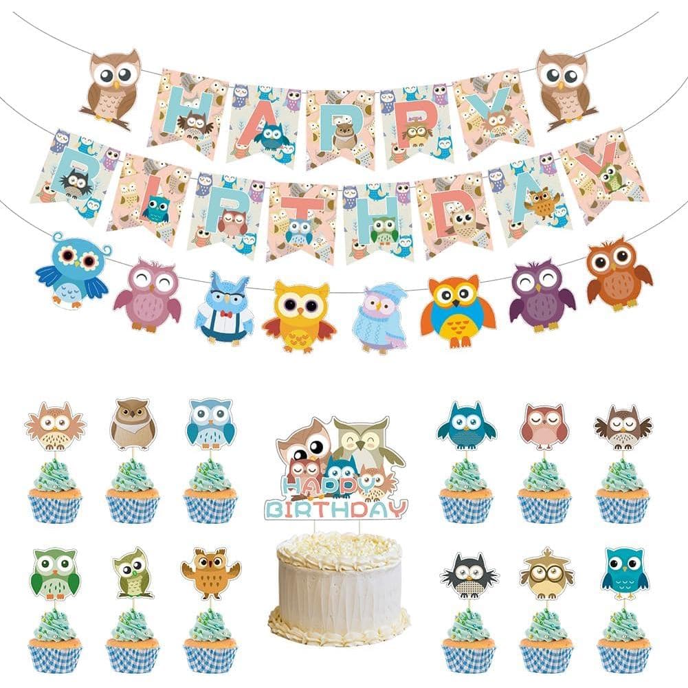 Decorações de Festa de Aniversário com Tema de Corujas, Faixa de Feliz Aniversário com Corujas Fofas, Bandeirolas de Cor