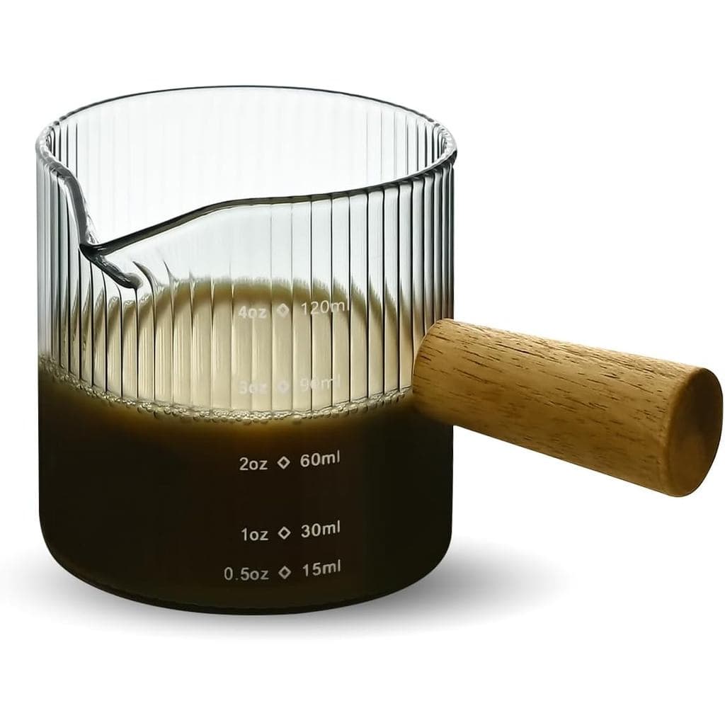 Copo Medidor de Vidro, Copo para Espresso de 4oz com Cabo de Madeira, Jarra Medidora de Bico Único para Café e Chá (Cinz