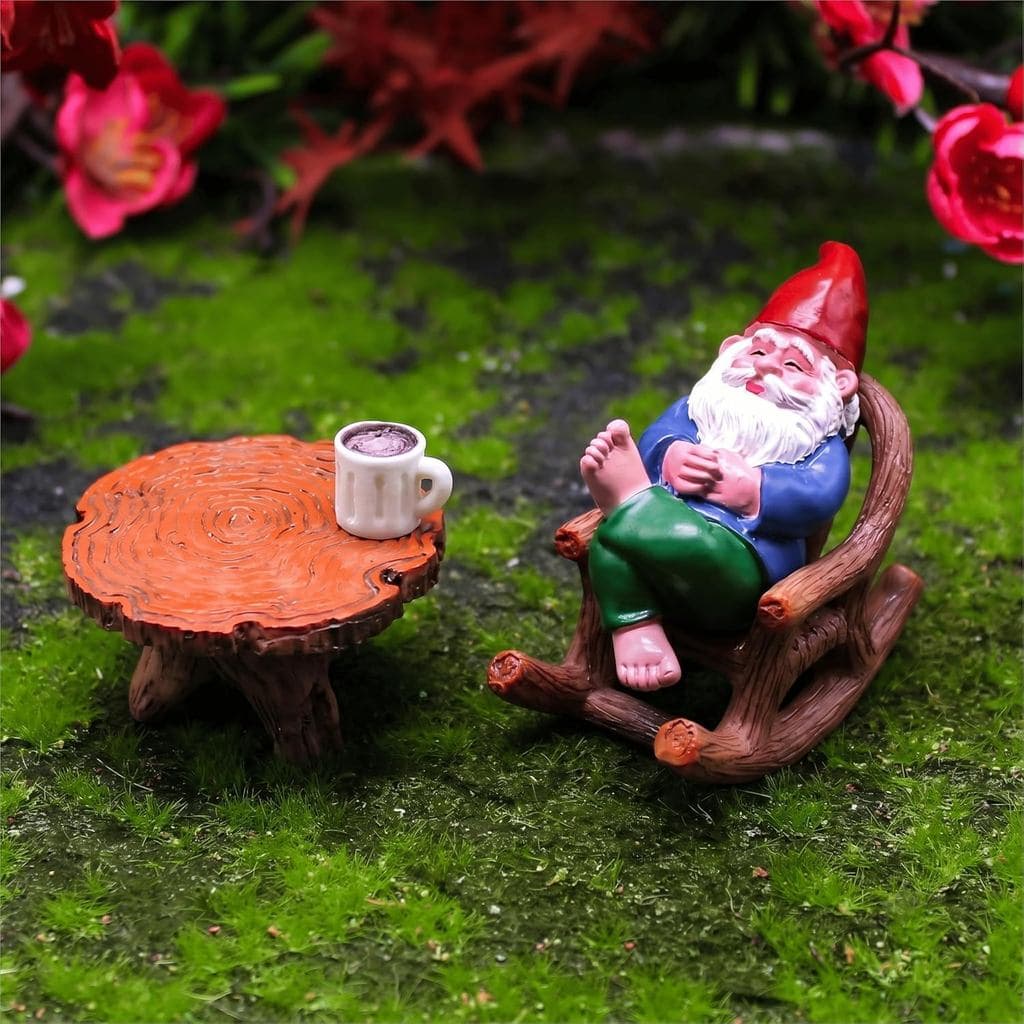 Estatueta de Gnomo de Jardim para Exterior, Gnomo Engraçado com Mesa e Cadeiras em Resina em Miniatura, Decorações de Gn