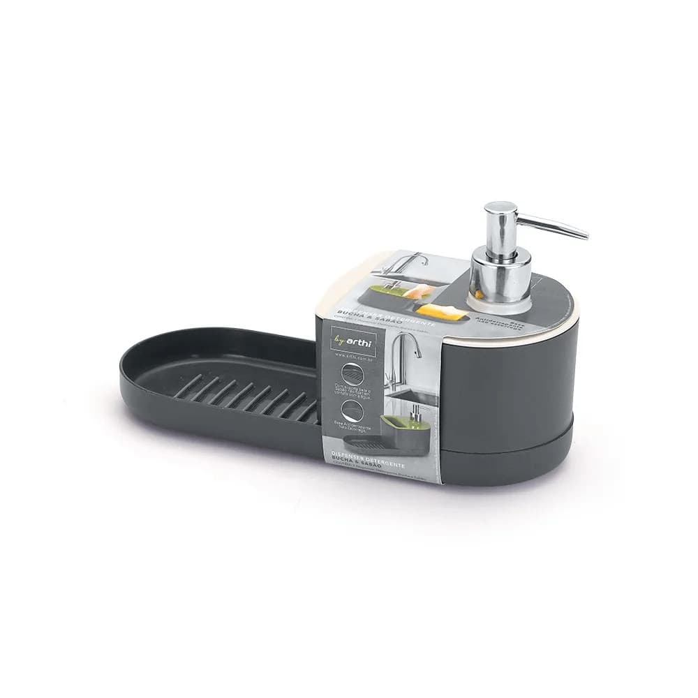 Dispenser para Detergente/Bucha com Porta Sabão - 8x10x24,5cm - Arthi BRANCO/PRETO