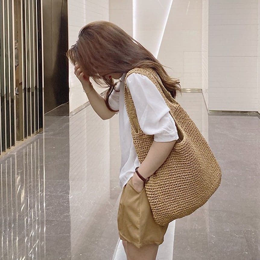 Bolsa de palha feminina All-Match Casual bolsa de ombro estilo Mori bolsa tecida à mão bolsa de praia de grande capacida