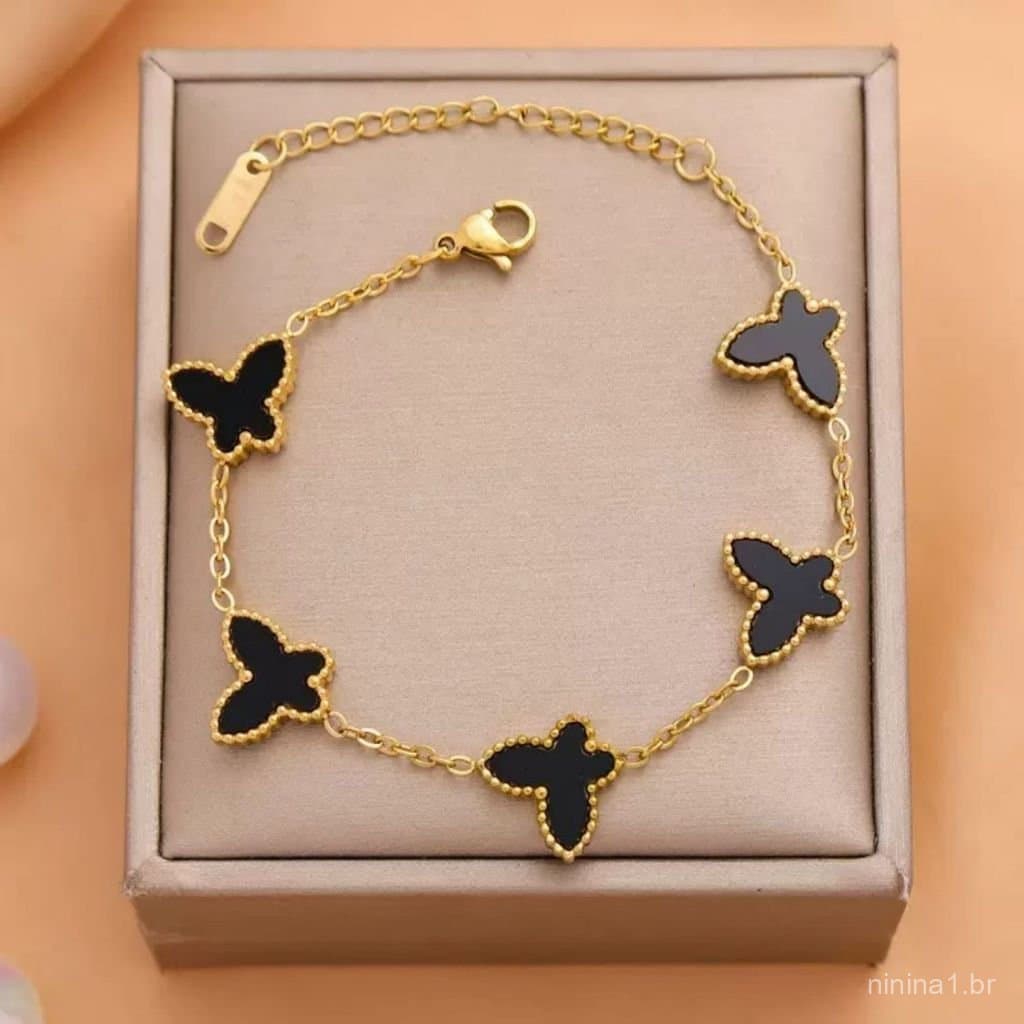 Pulseira borboleta de alta qualidade com design de nicho em madrepérola dupla face, aço inoxidável 18K, mais vendida no