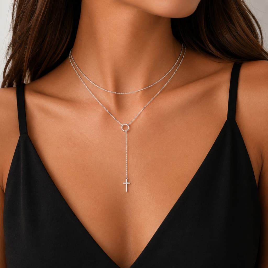 Conjunto Feminino com Colar Pingente de Cruz e Pulseira com Contas Esféricas Design Delicado