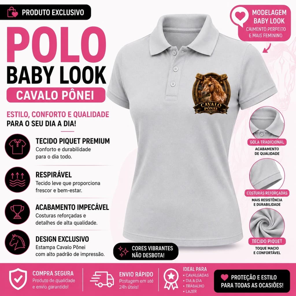 Camisa Polo Feminina Baby Look Cavalo Pônei