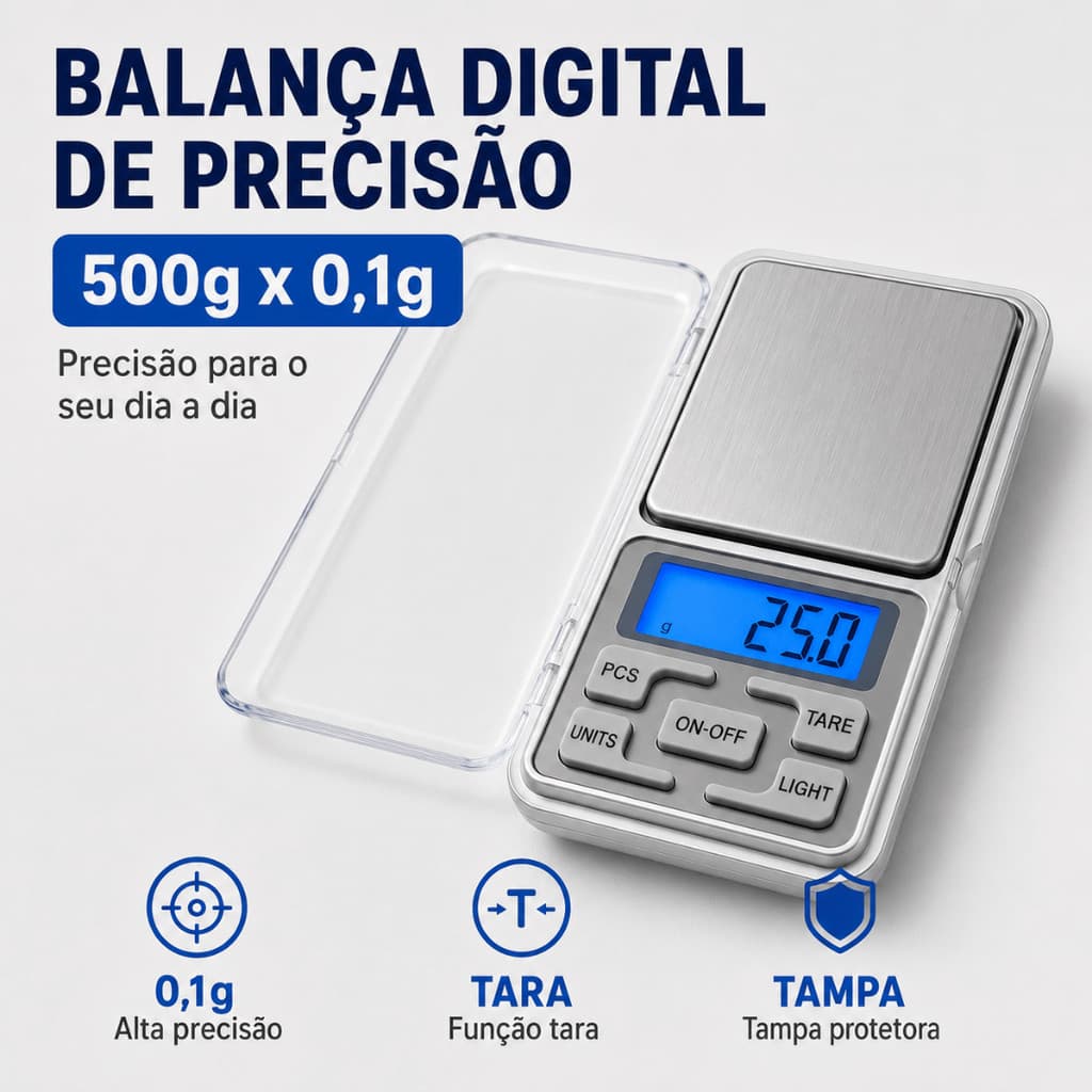 Balança Digital de Precisão 500g x 0,1g para Alimentos com LCD e Tampa Protetora