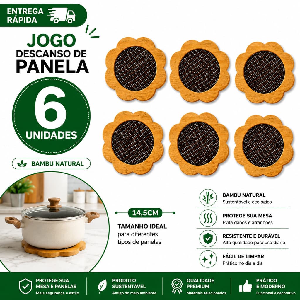 Jogo Descanso Mesa Protetor Panela Flor Bambu Apoio  Assadeiras Quente 14,5Cm