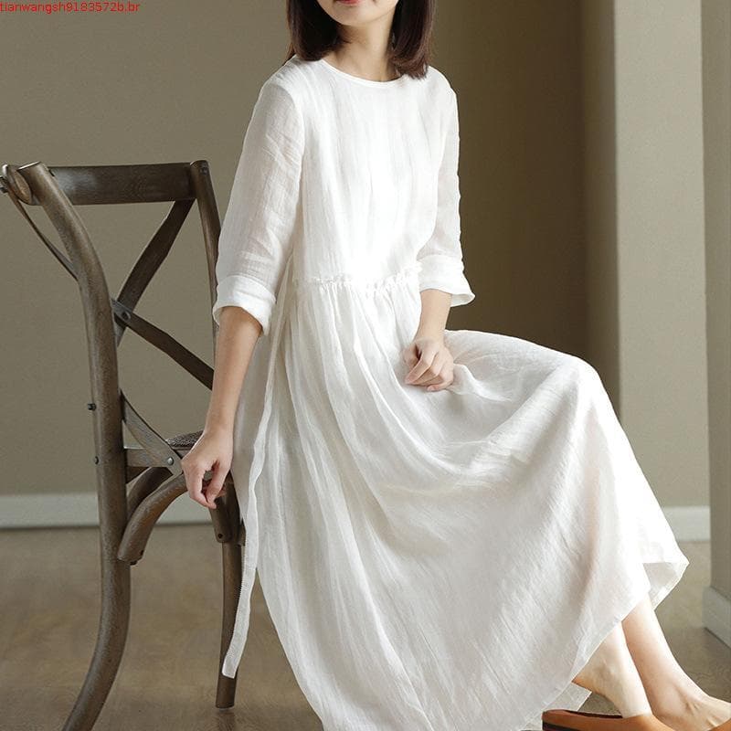 Promoção Especial ! Vestido De Linho De Algodão De Verão Feminino Sólido Cor Linha A Saia De Cintura Alta Pescoço Redon