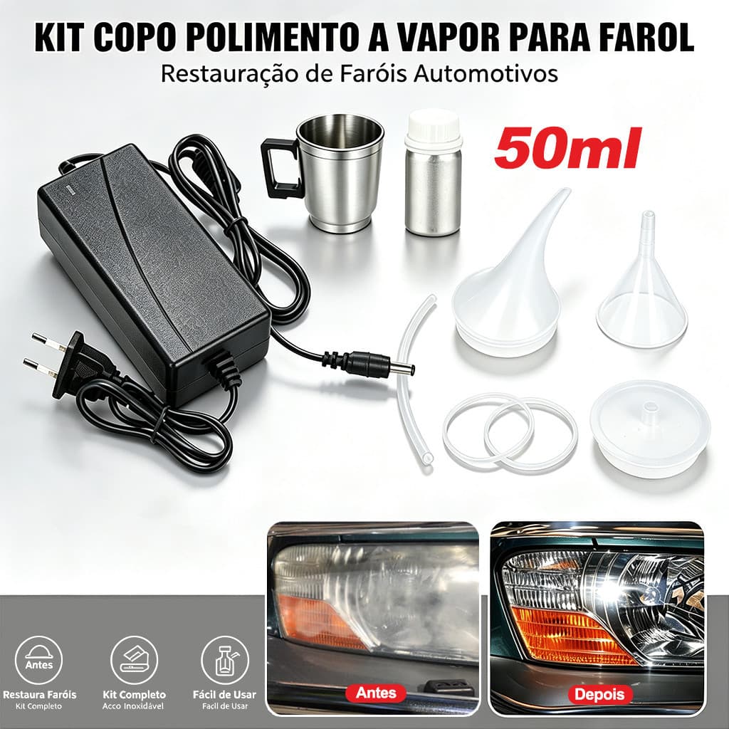 Kit Polimento Vapor Farol Automotivo, Recipiente Inox 50ml C/ Fonte, Restaura Lentes Amareladas De VeíCulos