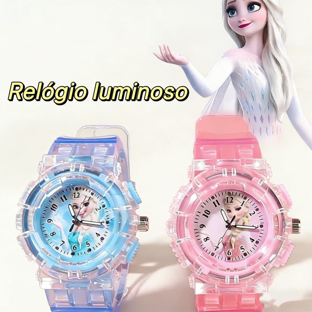 Pulseira de relógio infantil Princesa Elsa com luz LED, adequada para meninas