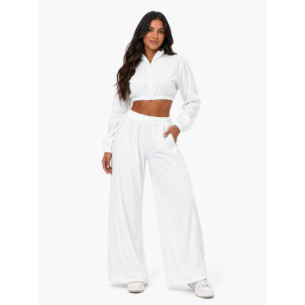 Conjunto Feminino Esportivo com Jaqueta Cropped de Zíper e Calça Pantalona Cintura Alta – Confortável, Leve e Moderno
