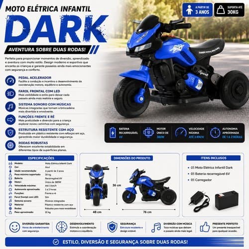 Moto Eletrica Infantil Azul Design Estiloso Bateria Recarregavel Velocidade Segura