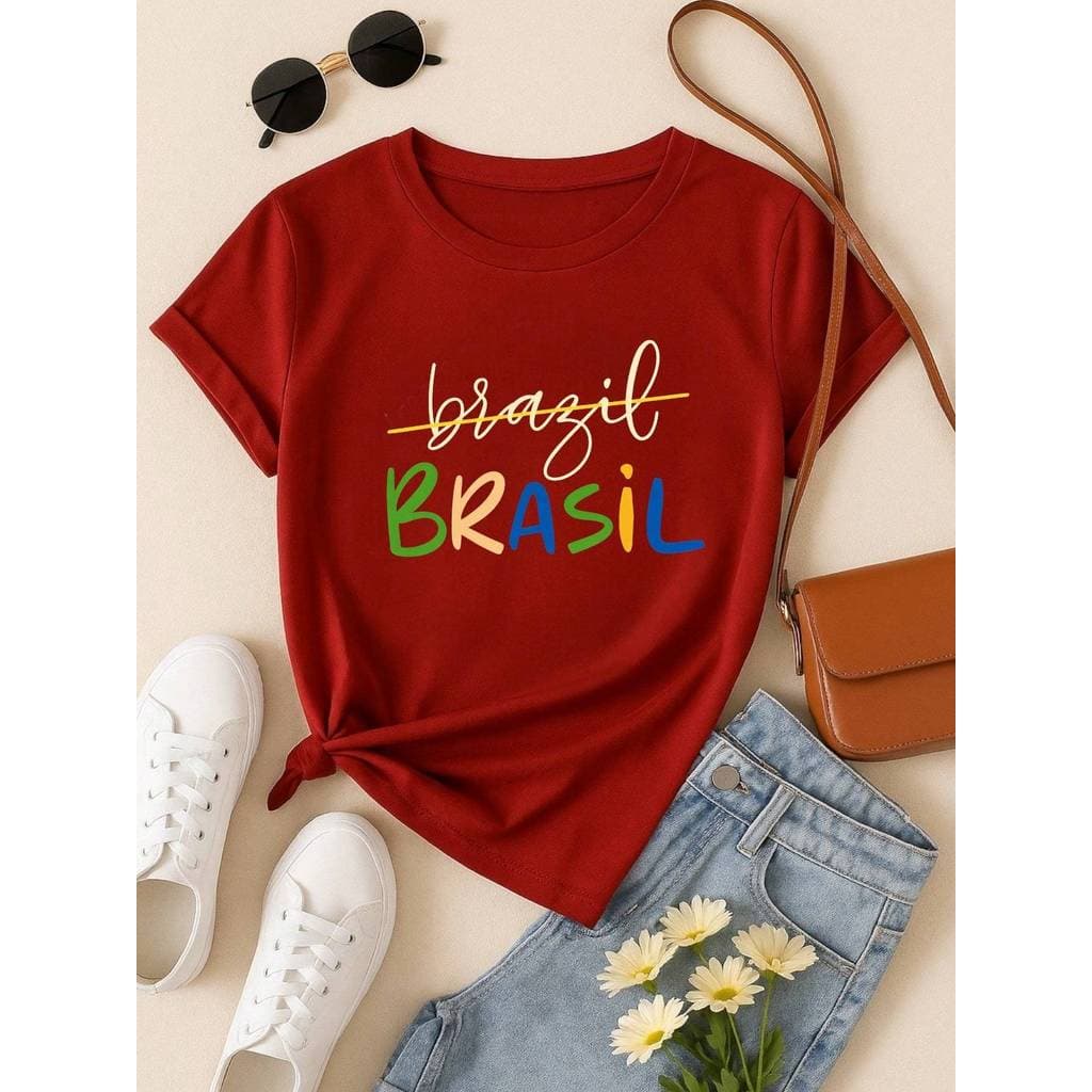 Camiseta Casual Feminina com Estampa da Copa do Mundo do Brasil, 100% Algodão, Manga Curta, Confortável, para o Verão