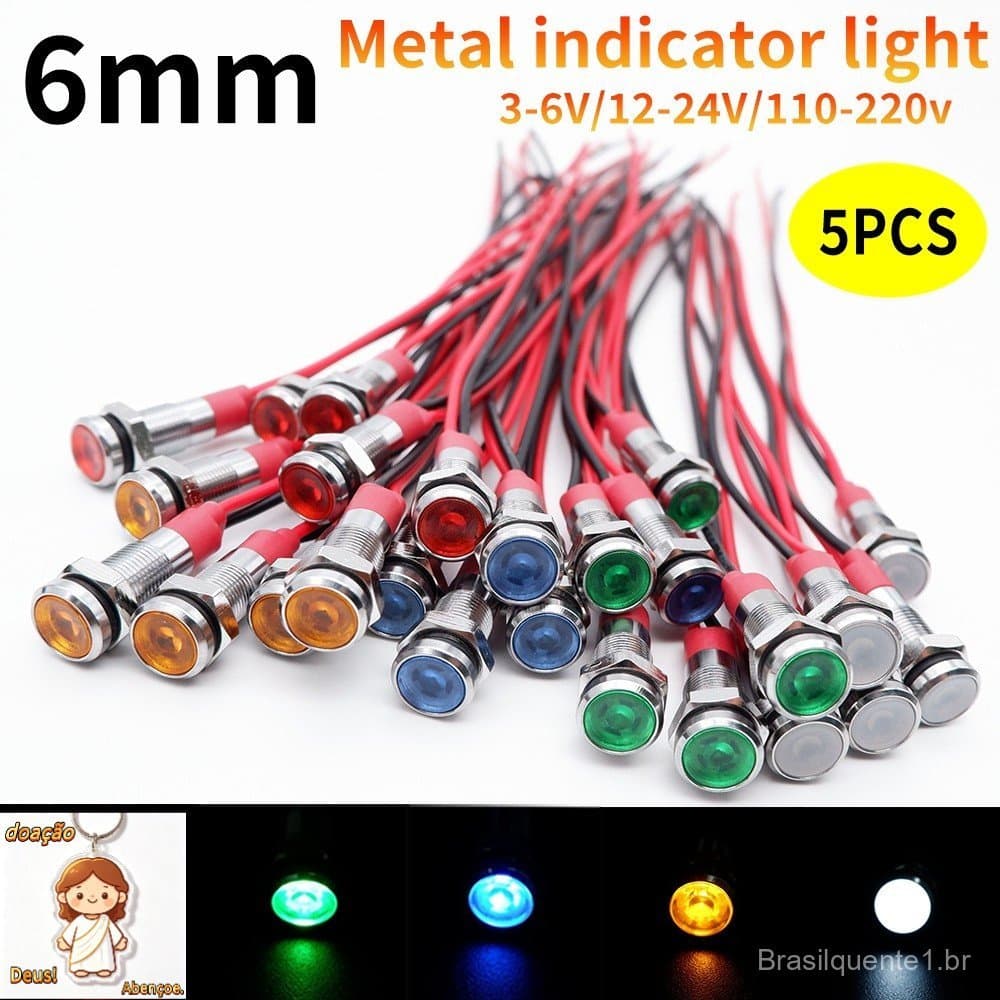 5 Pçs 6mm Luz Indicadora De Metal LED Lâmpada De Sinal De Advertência Piloto Com Fio 3V 5V 6V 12V 24V 220V Vermelho Lara