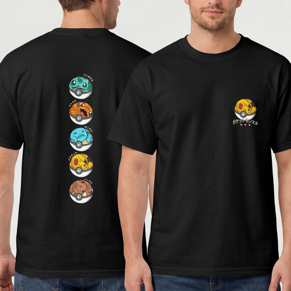 Camiseta Pokemon Iniciais Pikachu Bulbasaur Charmander Squirtle Eevee 100% Algodão Camisa Geek Anime HT Co.