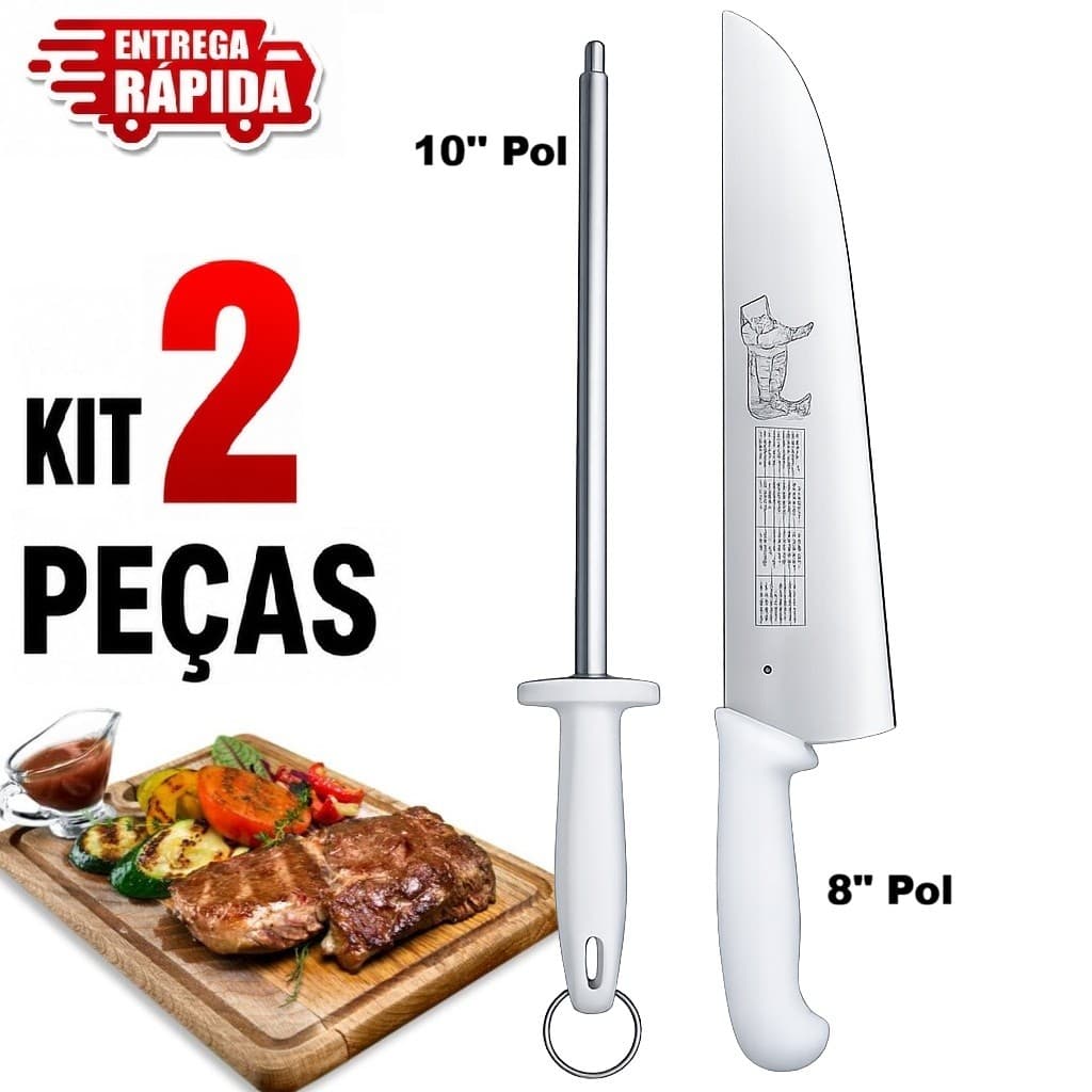 Kit 2 pecas Chaira 10'' e Faca Profissional 8" polegadas Afiador Grande Amolador Açougue Cozinheiro
