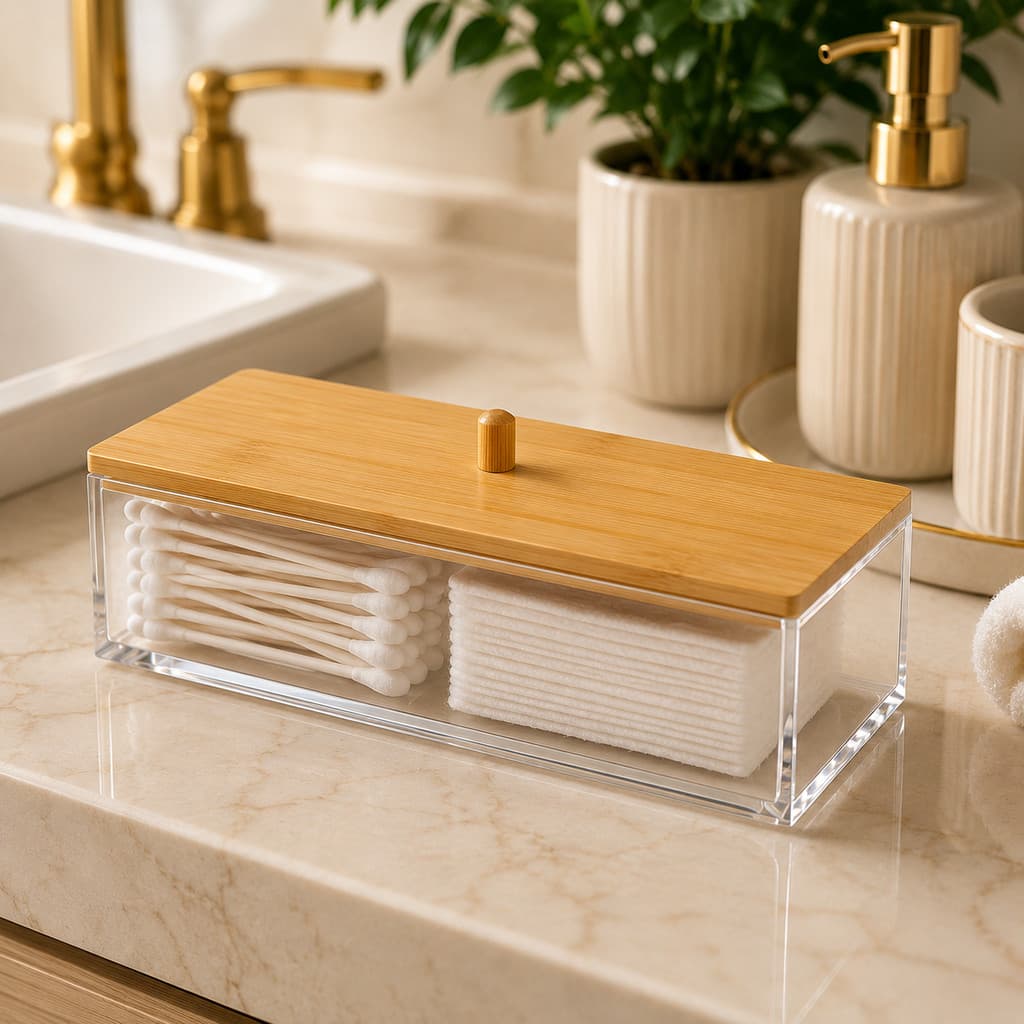 Caixa Organizadora de Cosmético Acrílico Tampa Bambu 26cm Porta Maquiagem Acessório Multiuso