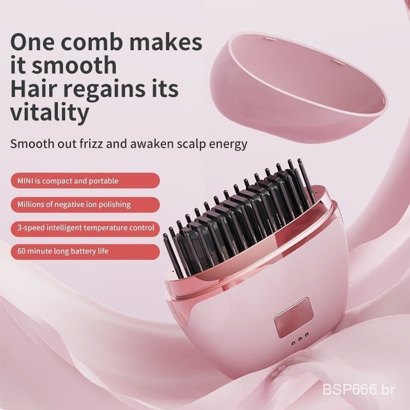[Grande Promoção] Alisador de Cabelo Sem Fio com Íons Negativos, Mini Escova Alisadora Recarregável Portátil para Viagen