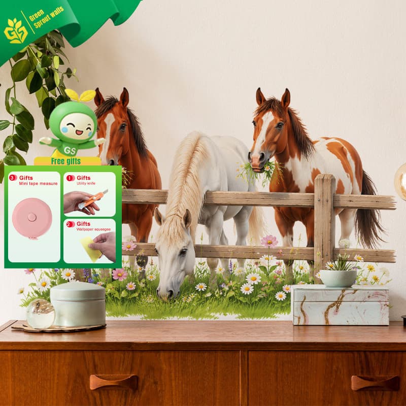 Adesivos de parede dos desenhos animados flor cerca cavalo pastoral conto de fadas PVC autoadesivo 30x60cm despertar pas