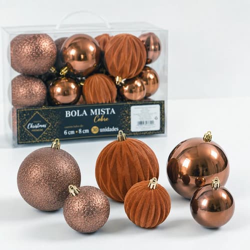 Kit 30 Bolas de Natal Cobre 6cm e 8cm Enfeites Árvore de Natal Premium Luxo