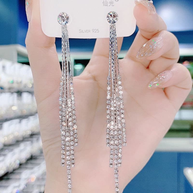 Elegantes brincos de diamante com longas franjas, novo design de moda, feitos de prata S925, PAZW.