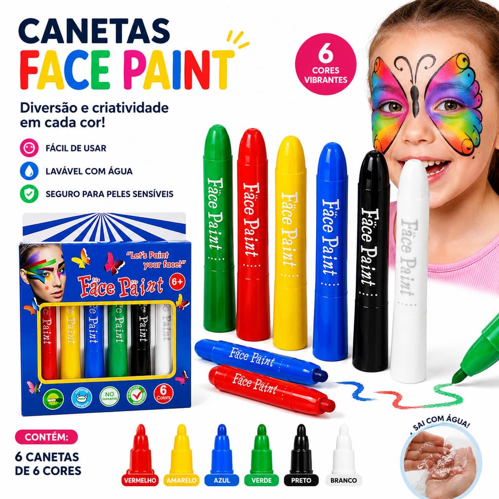 Kit Pintura Facial Infantil 6 Cores Lavável para Rosto Festa