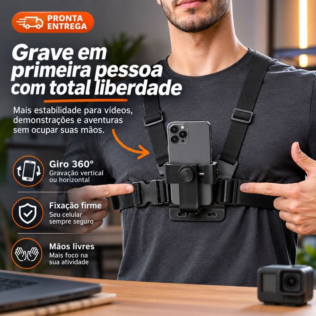 Suporte de peito ajustável para telefones celulares e câmeras GoPro para peito de motocicleta e bicicleta