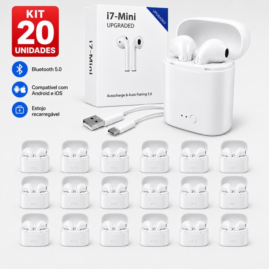 Atacado Kit 5, 10 ou 20 Fones Bluetooth I7 Mini TWS Sem Fio Branco Altomex para Revenda