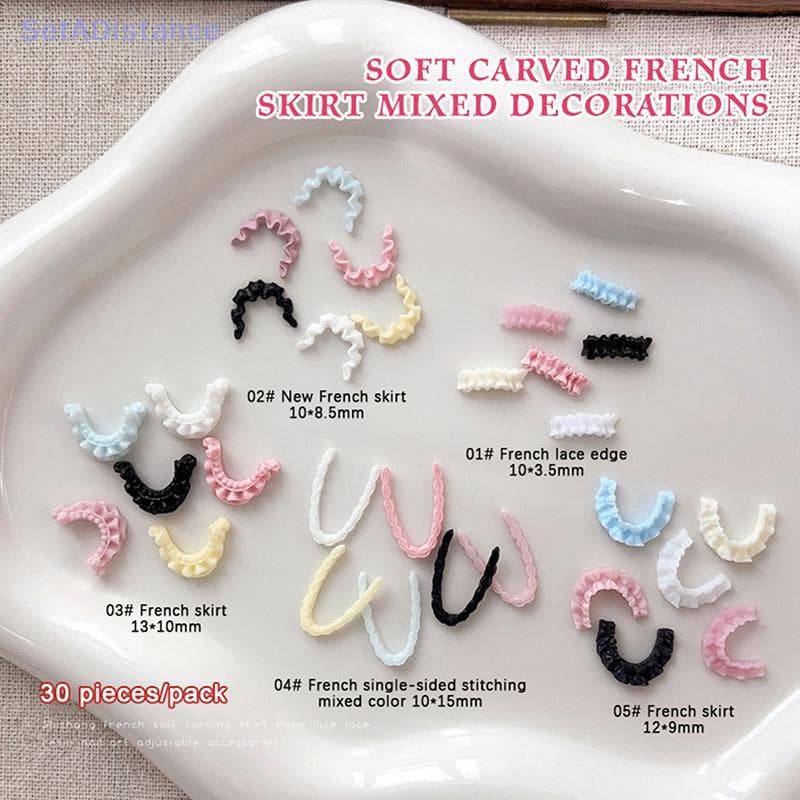 SetADistance 30 Pcs Cores Misturadas Resina 3D Macia Francesa Nail Art Renda Guarnição Saia Bainha Encantos Acessórios P