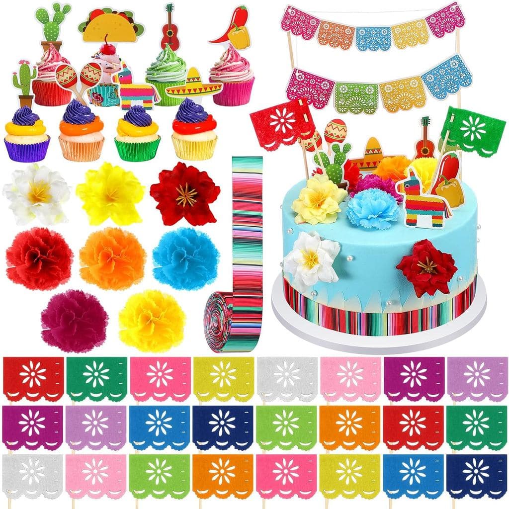 Fullhawl 58 Peças Decorações para Bolo de Festa Mexicana, Mini Bandeiras de Papel Picado, Fita Serape, Decoração de Flor